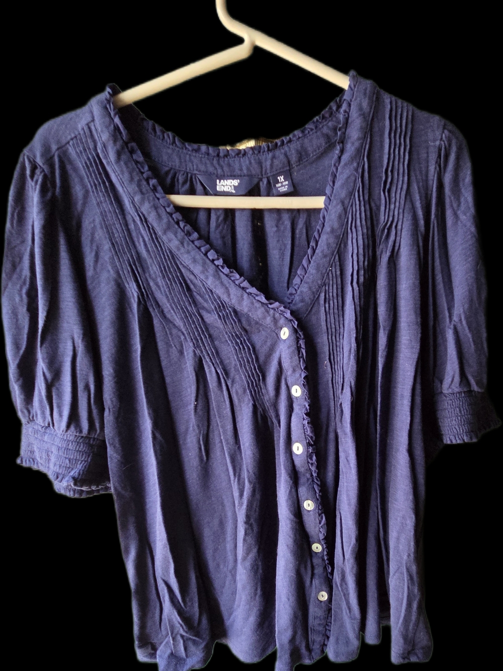 Lands' End Navy Blue Button-Front Pintuck Blouse